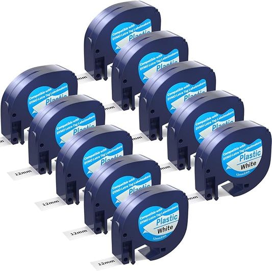 10 Pack Compatible with Dymo Letratag Refills 91201 91331 S0721660 Label Maker Tape White Plastic 12mm x 4m 1/2" x 13', Work with Dymo Letra Tag LT-100H LT-100T Plus 200B QX50 XR XM 2000