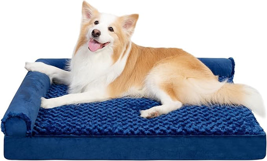 MIHIKK Orthopedic Dog Couch Bed Deluxe Plush L-Shaped with Waterproof Lining Bolster Dog Sleeping Sofa with Removable Washable Cover & Nonskid Bottom Pet Bed for Small Medium Large Jumbo Dogs, Blue