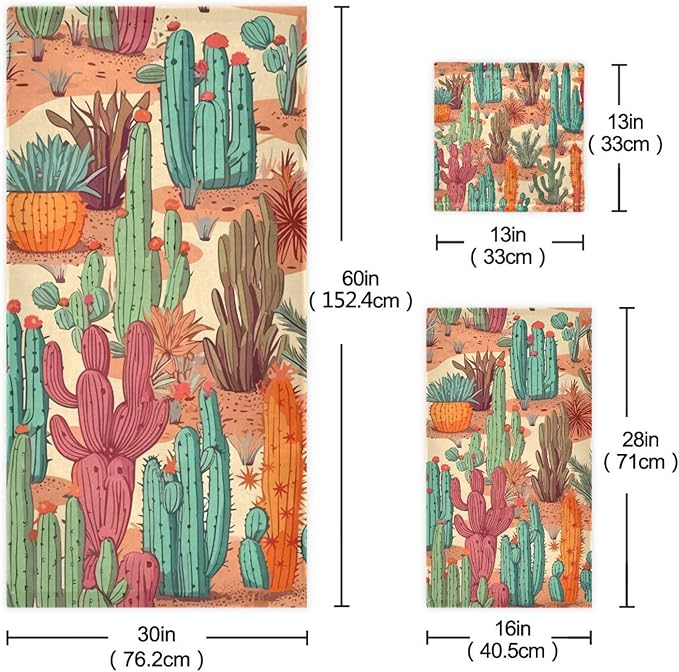 3 Piece Western Desert Cactus Bath Towels Set,Microfiber Absorbent Tropical Orange Green Succulent Towels for Bathroom,1 Bath Towel,1 Hand Towel,1 Washcloth,Decorative Guest Bathroom Towels
