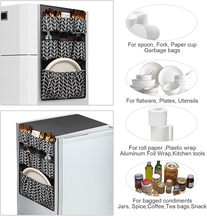 Mini Fridge Organizer 65" x 12.6", Mini Fridge Caddy with 15 Large Pockets, Over the Refrigerator Caddy Storage for Dorm, Pantry, Office, Plate, Silverware, Spice, Cutlery, Bottles, Napkins (Grey)