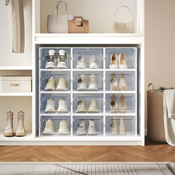 DUMOS Clear Shoe Storage Boxes, 12-Pack Plastic Stackable Shoe Containers with Lids, Display Sneaker Case Organizer for Closet, Under Bed, Entryway,White (Fit Size 11)