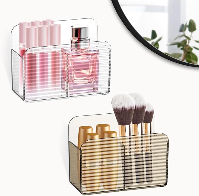 Poeland 2 Pack Wall Mounted Storage Organizer, Adhesive Remote Control Holder with 2 Compartments, Clear Storage Box for Bathroom, Bedroom, Living Room