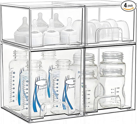 Baby Bottle Storage Organizer: Clear Stackable Storage Drawers, Acrylic Bottles Station Organizer Container for Countertop, Vanity, Bathroom, Cabinet Organization - 4 Pack
