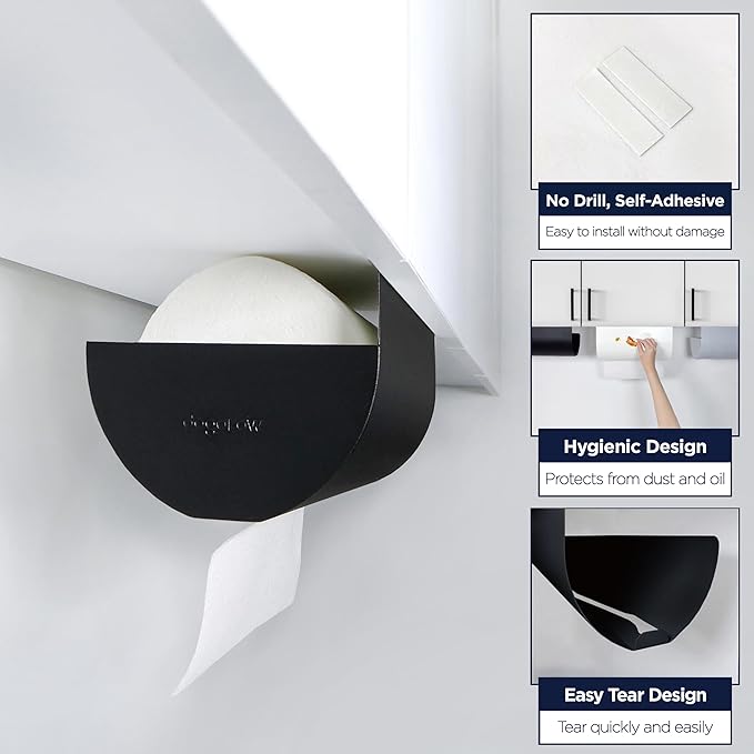 Paper Towel Holder - Under Cabinet, No-Drill Self-Adhesive Hanging Rack, Easy Tear, Space-Saving Sleek Metal Kitchen Roll Dispenser, Wall-Mount Look, Kitchen Storage & Organization - Black