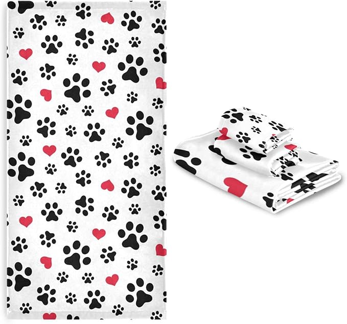 3 Piece Black White Dog Paw Print Bath Towel Set,Microfiber Decorative Puppy Pet Footprint Red Love Hearts Bathroom Towels,1 Bath Towel 1 Hand Towel for Bathroom Kitchen,1 Washcloth for Face