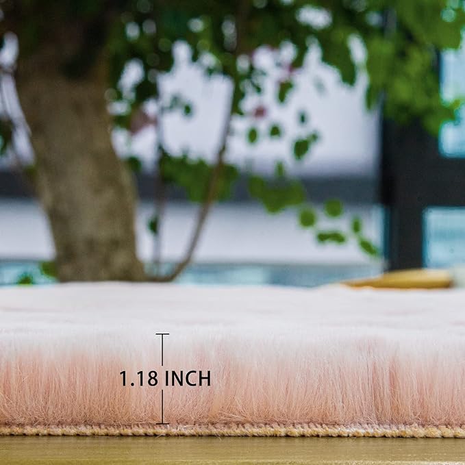 Pink Boho Faux Rabbit Fluffy Fur Rugs for Bedroom Shag Circle Washable Area Rugs for Living Room Nursery Round Rug 4ft