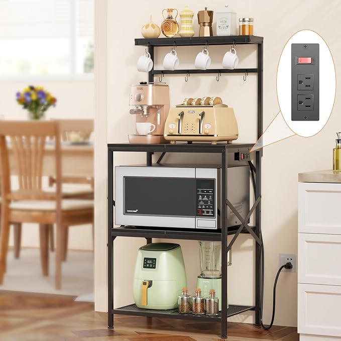 Kitchen Bakers Rack with Power Outlet, Coffee Bar Table 4 Tiers, Microwave Stand with 8 Hooks, Coffee Station and Organizer, Kitchen Storage Shelves Rack for Spices, Pots, Black