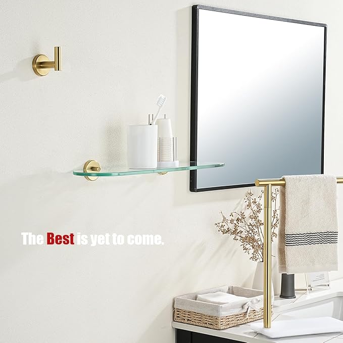 JQK Bathroom Glass Shelf Gold, Tempered Glass Shower Storage 20 by 5 inches, 304 Stainless Steel Brushed Gold Wall Mount, TGS121L20-BG