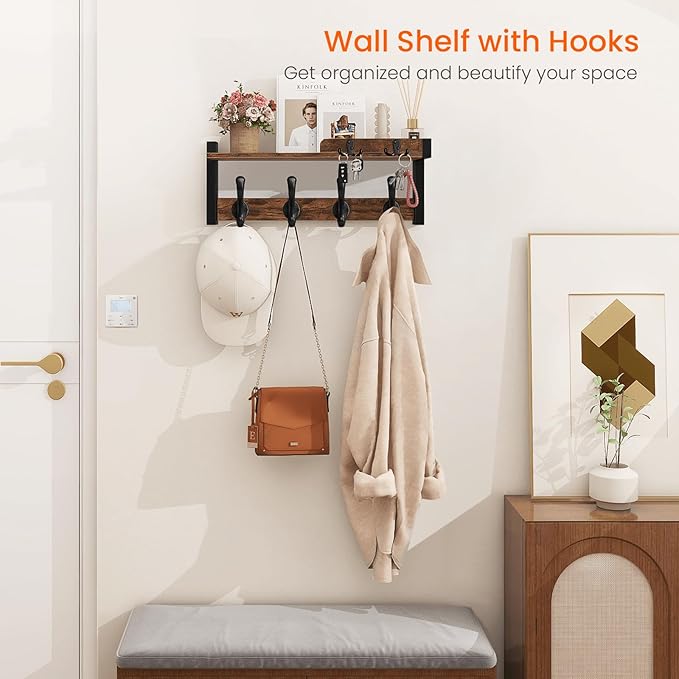 Homode Wall Mounted Coat Rack, Wood Floating Shelf with Key Holder and Mail Organizer, Entryway Wall Shelf with Hooks, Coat Hanger for Hanging Hat Towel Clothes Purse Backpack, Rustic Brown