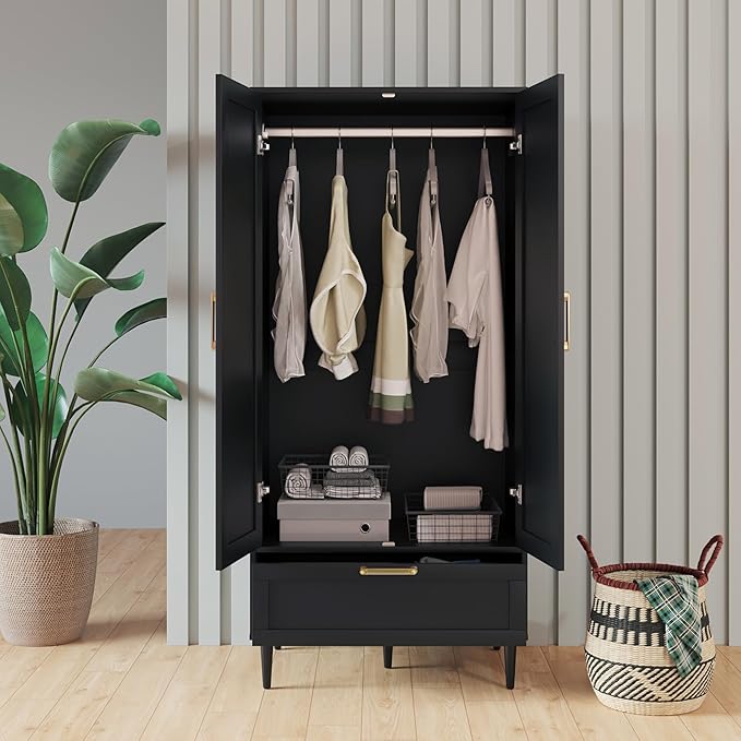 Bedroom Armoire Wardrobe Closet with Hanging Rod,60" 2 Door Almirah for Clothes with Drawers,Morden Storage Cabinet,Black