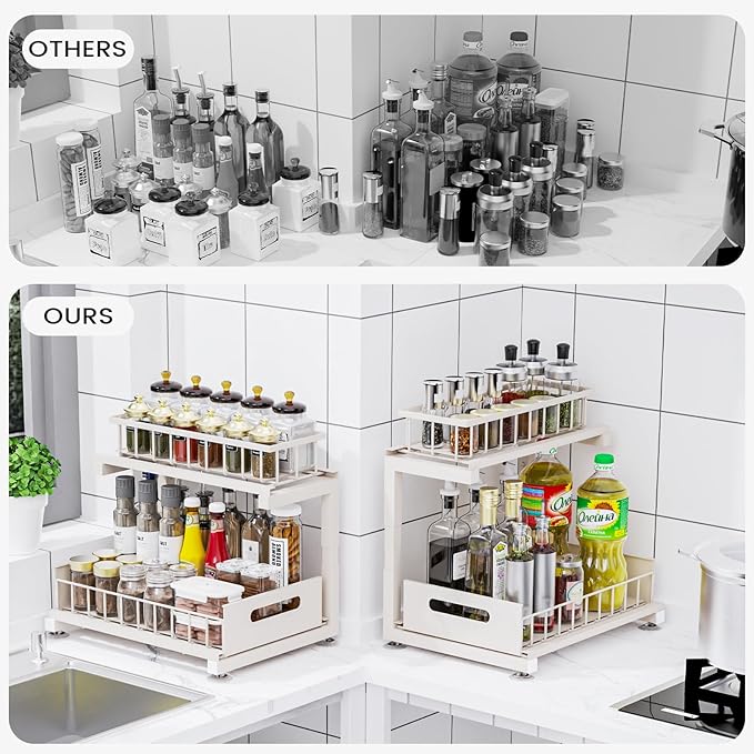 Under Sink Organizer, Heavy Duty Metal Slide Out Sink Shelf Organizer Height Adjustable, Multi-Purpose Storage Shelf for Kitchen Bathroom (Sand,2Pack)