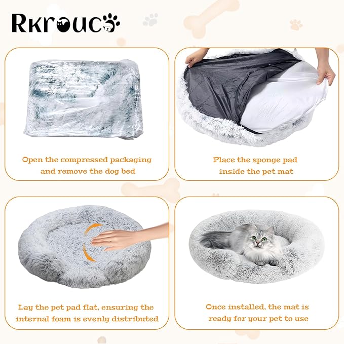 Fluffy Dog Bed Calming Donut Beds for Large Dogs Warming Round Small Medium Pet Nest Cozy Cat Mattress Indoor Washable Puppy Kennel Kittens Sleep Mat (XL, 43.3×43.3 inch, Light Gray)