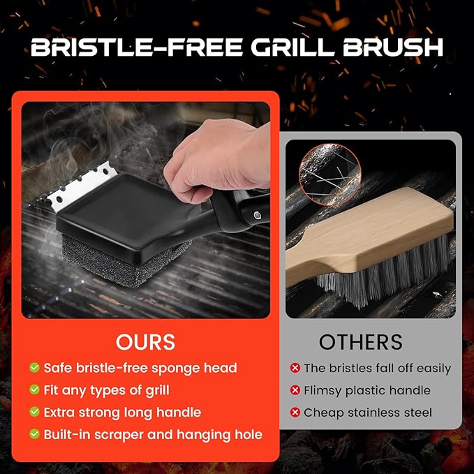 4-in-1 Bristle-Free Grill Brush — 18.8" Steam Grill Cleaner with Replaceable Head, Scraper & Bottle Opener, Long Non-Slip Heat-Resistant Handle