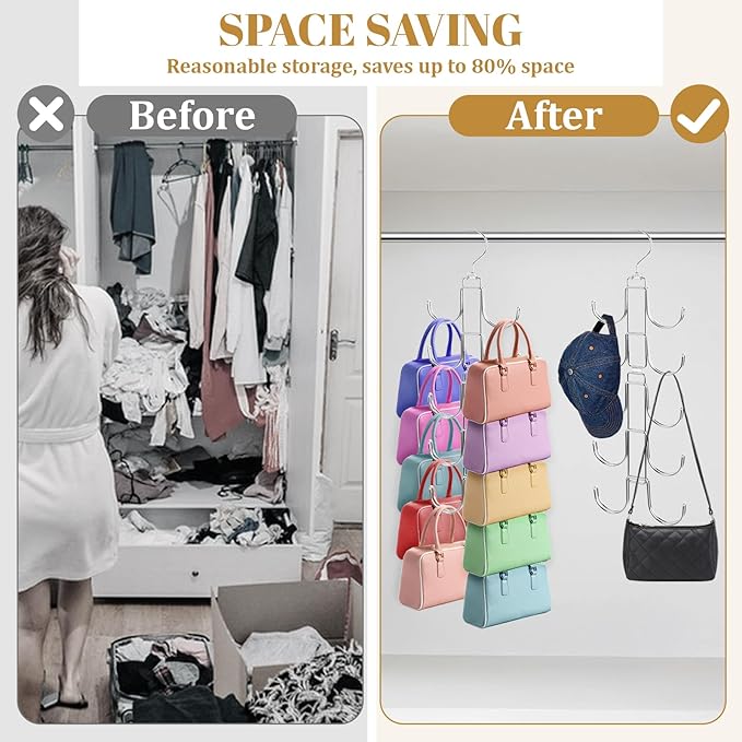 3Pack Purse Organizer for Closet, Stainless Steel Purse Holder Bag Hanger, Hanger Rack Space Saver with 10 Big Hooks for Handbags Belt Scarves Organizer&Display, 360 Degree Rotation