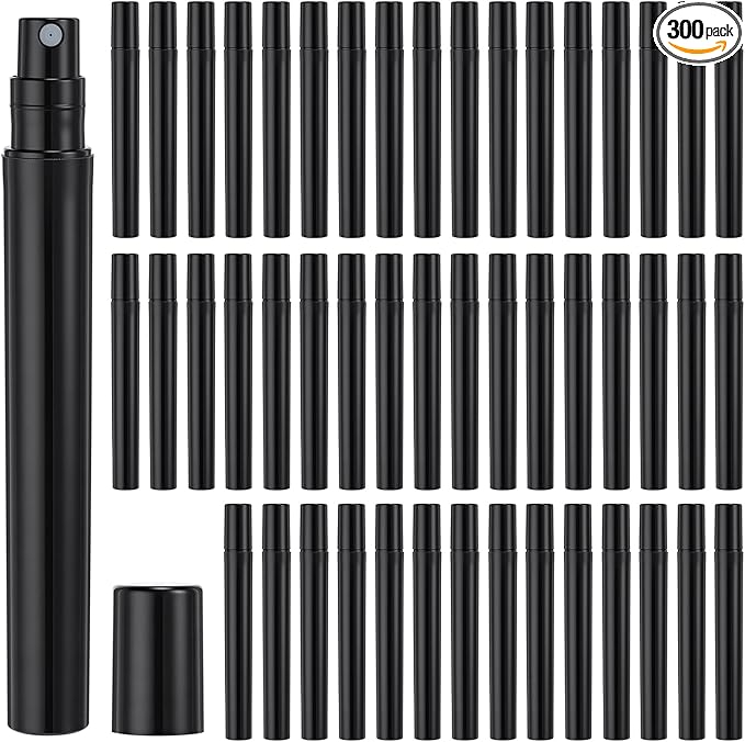 Tanlade 300 Pcs 5ml Mini Spray Bottles Refillable Black Plastic Travel Perfume Atomizer Mouthwash Bottle Cologne Small Sample Containers for Essential Oils Retailers