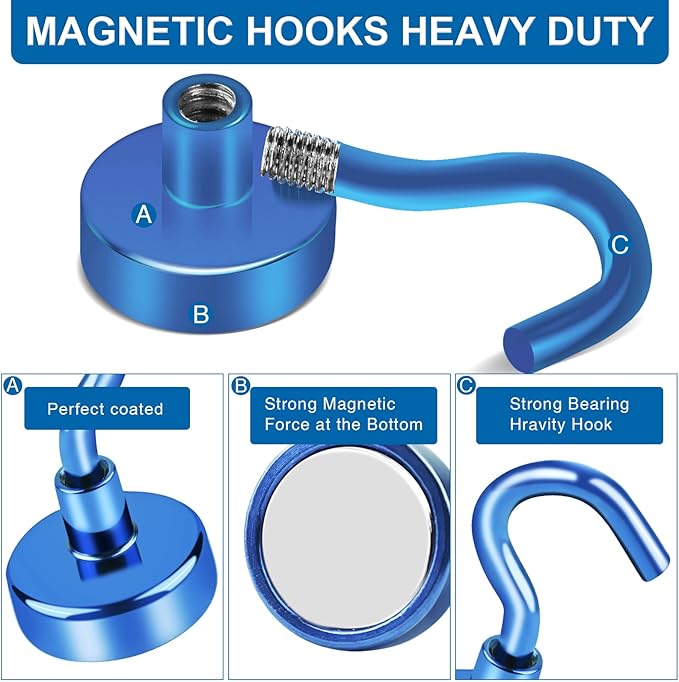LOVIMAG 6 Pack 85LB Magnetic Hooks, Strong Cabin Ship Essentials Hook Heavy Duty Refrigerator Fridge Magnets Hanging for Classroom Beach Vacation Kitchen Grills Home Blue