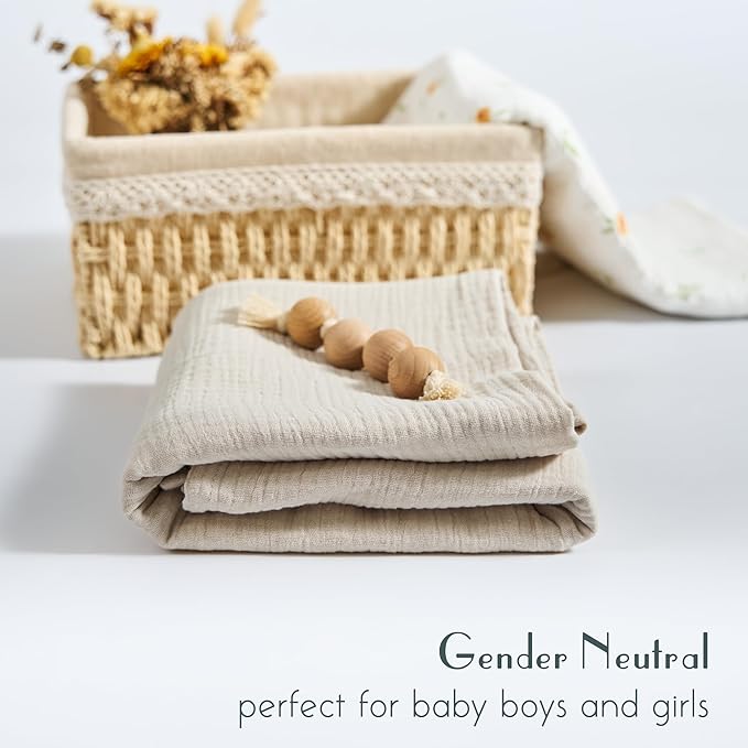Meracorallo Muslin Swaddle Blanket, 100% Cotton Receiving Blanket Soft and Breathable Swaddle Wrap for Baby Boys and Girls, Beige