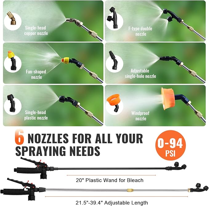 4 Gallon Battery Powered Backpack Sprayer with Wheeled Cart, Adjustable 0-94 PSI, 13FT Hose, 6 Nozzles, 2 Wands Included, Wide Mouth Lid for Weeding, Cleaning, Long Spray Time Without Fatigue