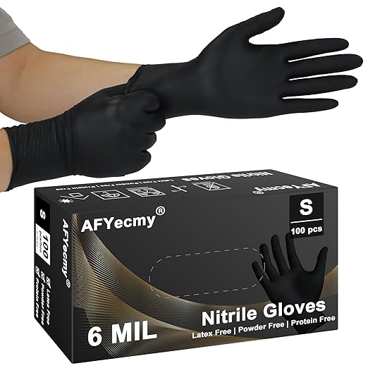 Disposable Nitrile Gloves, Chemical Resistant, Powder and Latex Free, Food Safe, Black Heavy Duty Gloves, 6 Mil, 100 Count, Small