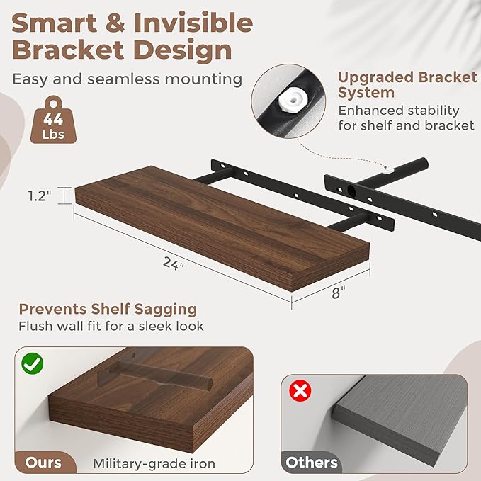 24 Inch Floating Shelves for Wall Set of 2, 8"D Wood Grain Bathroom Shelves with Invisible Brackets, Easy Install Engineered Wood Storage Shelves for Kitchen, Living Room, Bedroom, Walnut Finish
