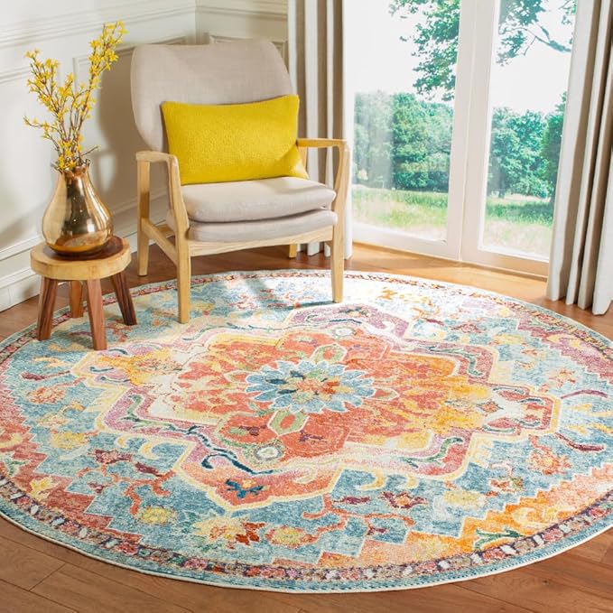 SAFAVIEH Crystal Collection Area Rug - 7' Round, Orange & Teal, Medallion Distressed Design, Non-Shedding & Easy Care, Ideal for High Traffic Areas in Living Room, Bedroom (CRS501K)
