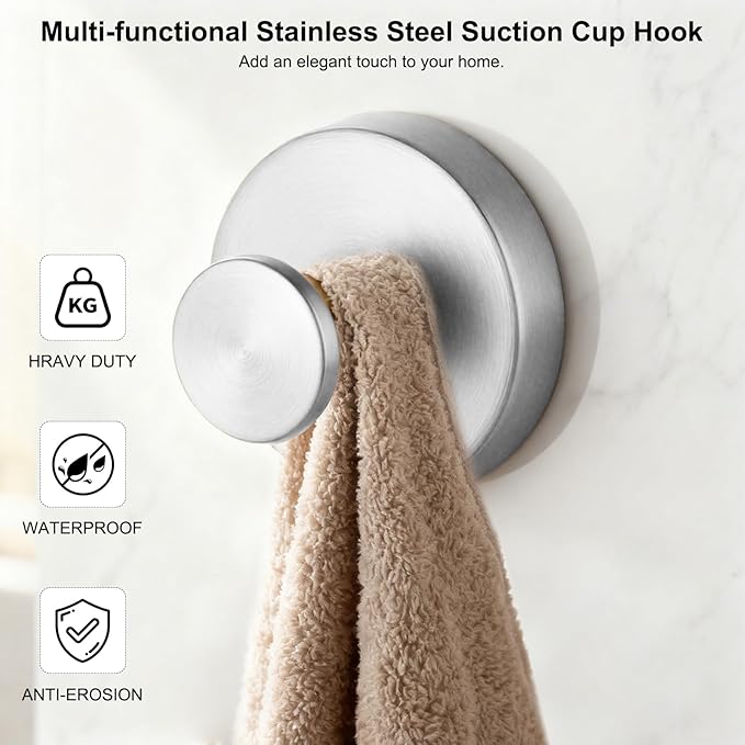 Suction Cup Hooks Applicable Shower No-Drill Bathroom Hooks for Towels, Ornament，Robes, Loofah Mountable on Bathroom Walls, Kitchen, Glass, Mirrors, Tile and Smooth,Non-Porous Surfaces (Silver 4pcs)