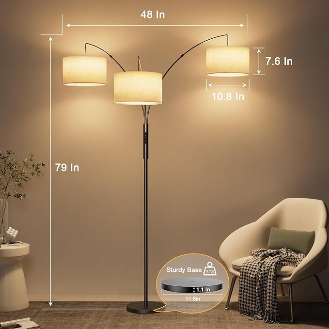 36W RGB Arc Floor Lamp with 3 Fabric Shades, 3000LM Super Bright Standing Lamp with Remote Control & Touch, Stepless Dimming, Individual Light Control for Living Room, Bedroom