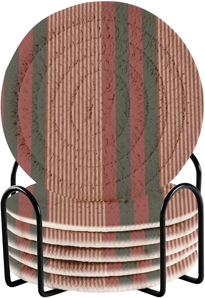 Minimalist Home Decor for Coffee Table, Kitchen, Drink Coasters, Christmas Striped Handmade Cotton Absorbent Coaster Set of 6, Housewarming and Wedding Registry Ideas