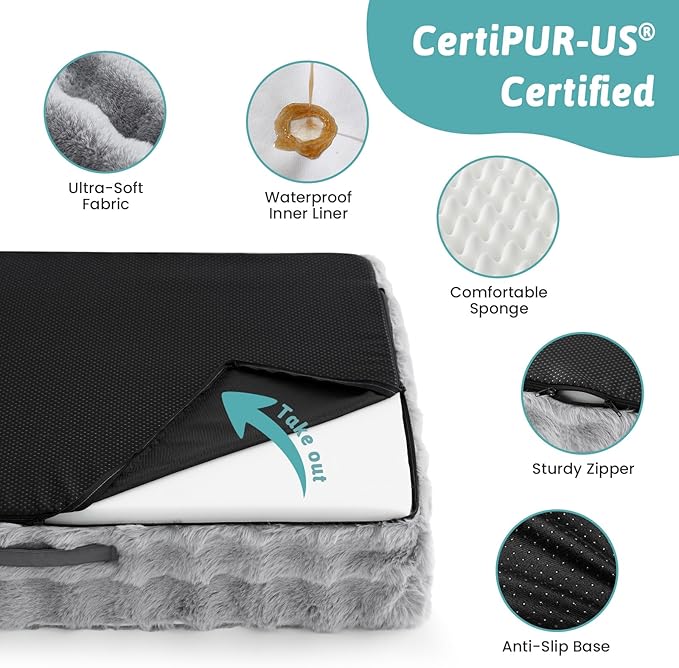 Faux Fur Orthopedic Dog Bed, Dog Bed for Medium Size, Supportive Foam Pet Sofa with Waterproof Lining Cover, Washable U-Shaped Pet Couch with Anti-Slip Bottom, Grey M 30x20x6.5 inch