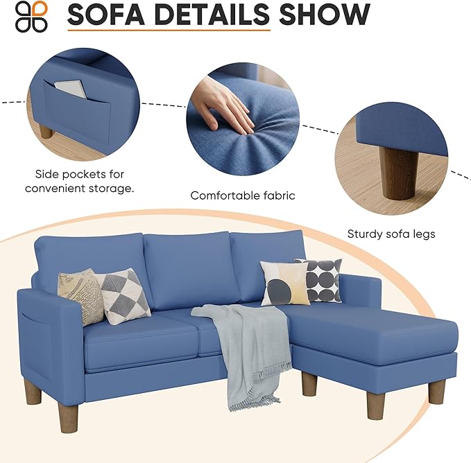 JUMMICO L Shape Sectional Sofa Couch, 3 Seat Convertible Sofa with Movable Ottoman and Side Storage Pockage, Modern Sofa Small Couches for Living Room & Apartment and Small Space (Linen, Blue)