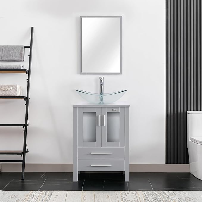eclife 24" Modern Bathroom Vanity Sink Combo Freestanding Cabinet with Soft Closing Door, Clear Boat Glass Vessel Sink, Water Save Faucet, Drain (Gray+A29TT)