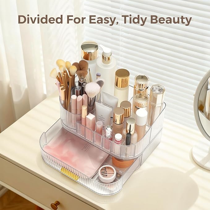 Delamu Makeup Organizer for Vanity with Stackable Drawers, 360 Rotating Makeup Brush Holder Large Cosmetic Display Case, Bathroom Skincare Storage, Crystal Clear, Ideal Christmas Gifts for Girls