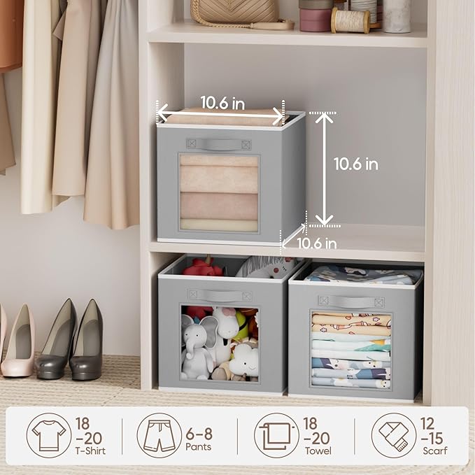 Storage Cube 11 Inch - Cube Storage Bins with Window, Closet Storage Baskets with Handle, Fabric Bins for Closet, Shelves, Toys, Clothes, Set of 6, Grey