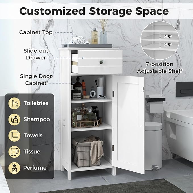NAFORT Bathroom Floor Cabinet, Freestanding Wooden Side Storage Cabinet with Drawer & Adjustable Shelves, Slim Storage Organizer for Bathroom, Living Room, Kitchen