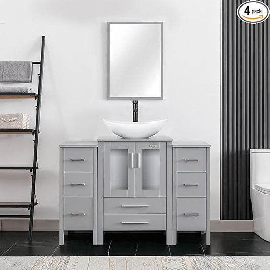 eclife 48" Modern Bathroom Vanity Sink Combo Freestanding Cabinet with Small Side Cabinet, White Boat Ceramic Vessel Sink, Water Save Faucet, Drain (Gray+T44)