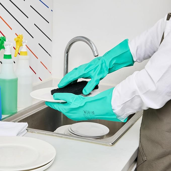 Green Cleaning Gloves 10 Pairs 15 Mil Thick Extra Large Heavy-Duty Nitrile Gloves With Long Cuff No-Latex Flock Lining For Use In Hospitals, Commercial Kitchens and Households