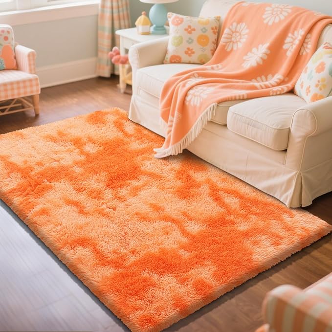 Mottling Orange Fluffy Rug Shaggy Area Rug, 2x4 Area Rugs for Girls Bedroom, Soft Cute Baby Play Mat, Indoor Floor Carpet for Teen, Nursery, Preppy Dorm, Plush Aesthetic Bedside Rug