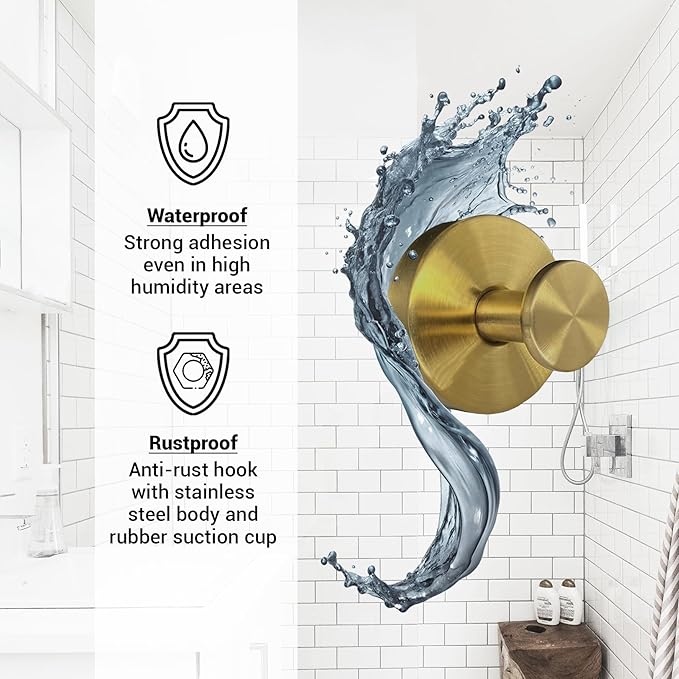 Suction Cup Hooks for Shower - 2 Pack, Gold - Stainless Steel, Strong Suction, No Drill, Removable Hanger, Tile Bathroom Kitchen Wall, Glass Door, Mirror Hook Hanging Robe, Towel Holder
