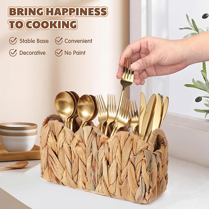Scalloped Small Water Hyacinth Basket Caddy Party Cutlery Utensil Holder Hand Woven Rattan Basket Divided Cutlery Holder with Handles Kitchen Countertop Picnic Flatware Organizer for Shelves