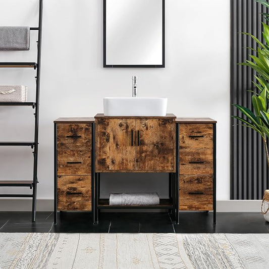 eclife 48" Bathroom Vanity Sink Combo Modern Metal Stand Cabinet W/Bottom Shelf & Storage Side Cabinets White Rectangle Vessel Sink & Water Save Faucet & Pop Up Drain, Rustic Brown (T03)
