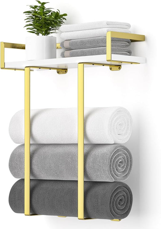 Towel Racks for Bathroom Wall Mounted, Metal Towel Holder with Wooden Shelf for Folding Large Towels, Towel Storage for Small Bathroom Organizer Decor or RV Camping,Golden