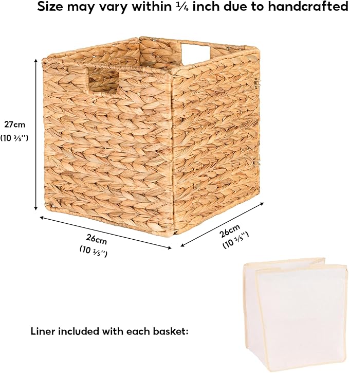 Wicker Storage Cubes, Water Hyacinth Storage Baskets with Handles & Liners, Natural Foldable Square Storage Baskets for Shelves, Wardrobes 10.3x10.3x10.7 Inch, Set of 2