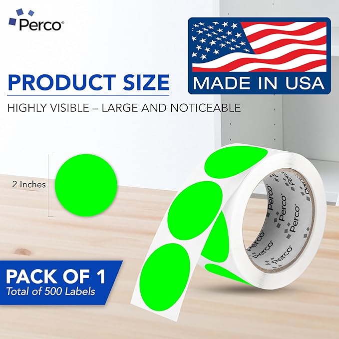 Perco Fluorescent Green 2-Inch Round Circle Dot Sticker Labels with Easy Peel Perforation - 500 Labels per Roll - Strong Adhesion, Vibrant Colors for Organizing, Crafting & More - Made in USA
