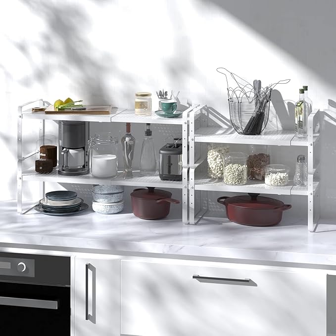 Expandable Cabinet Shelf Organizer Adjustable Metal Spice Rack Stackable Freestanding Counter Storage Shelves for Kitchen Cabinet Under Sink Office Desk (White - 3Pack - L16.5-27'' * W10.2'' * H9.6'')