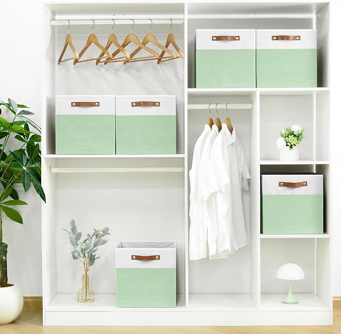 6-Pack Storage Cubes with Handles & Label Holders Basket, Closet Cube Home Organizer Bins(White/Green, 13 x 13 x 13 inch)