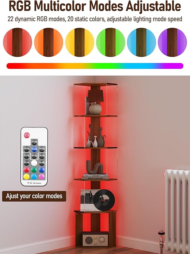6 Tier Corner Display Rack with Light Clear Arylic Corner Shelves 63in Tall Cabinet with Dimmable LED Light for Display Curio Cabinet
