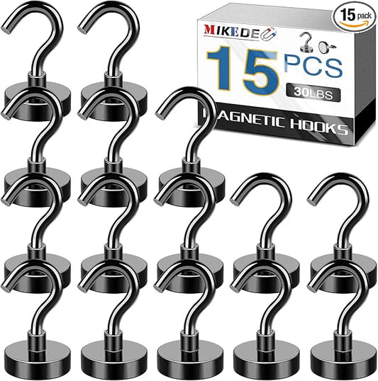 MIKEDE Magnetic Hooks, 30Lbs+ Strong Neodymium Black Magnet Hook for Hanging, Heavy Duty Magnetic Hooks Classroom Must Have, Magnet with Hooks for Home, Kitchen, Workplace, School - Pack of 15