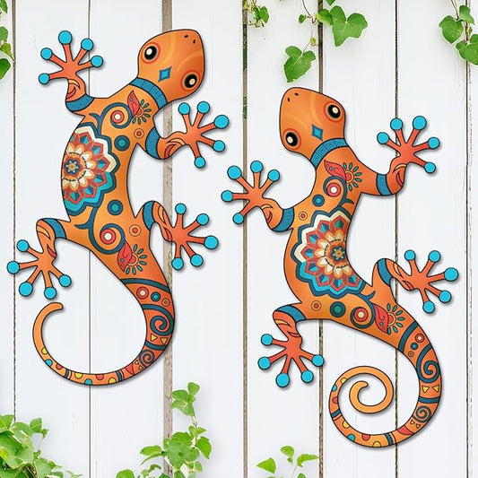 Metal Gecko Outdoor Decor -2 Pack 11.8 inch Metal Lizard Wall Hanging Sculpture Decoration for Indoor or Outdoor, Garden Yard Fence Porch Patio Wall Decorations