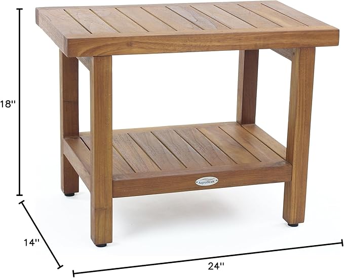 AquaTeak The Original 24" Spa Teak Shower Bench - Shower Stool with Storage Shelf & Premium Teak Oil - Durable Water Resistant Shower Chair - Shaving Foot Rest - Indoor & Outdoor Use