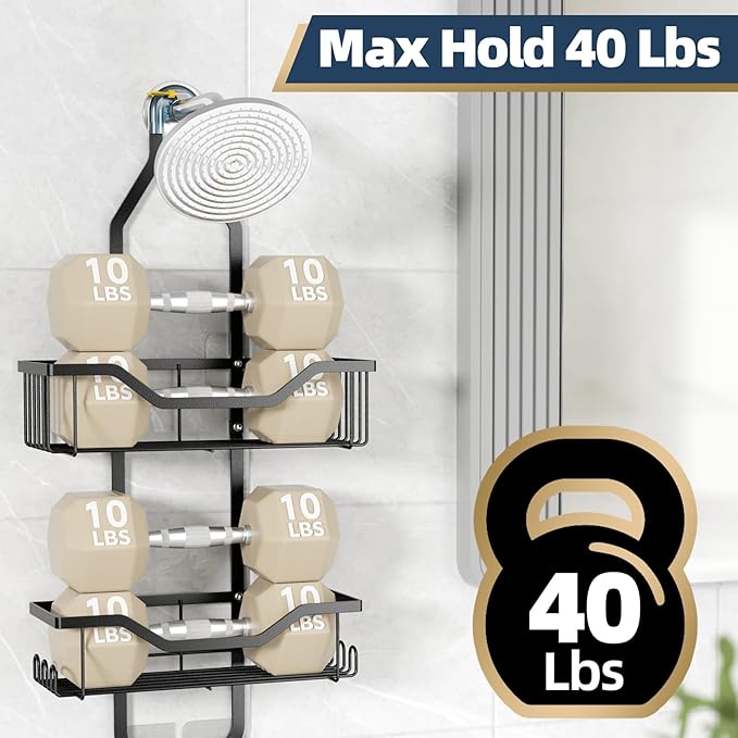 Imncya Shower Caddy Hanging for Shower Head, Rustproof Showers Organizer Hanging with Soap Holder and 12 Hooks, No Drilling Anti-Swing, Over The Head Caddy for Bathroom Organizers and Storage(Black)
